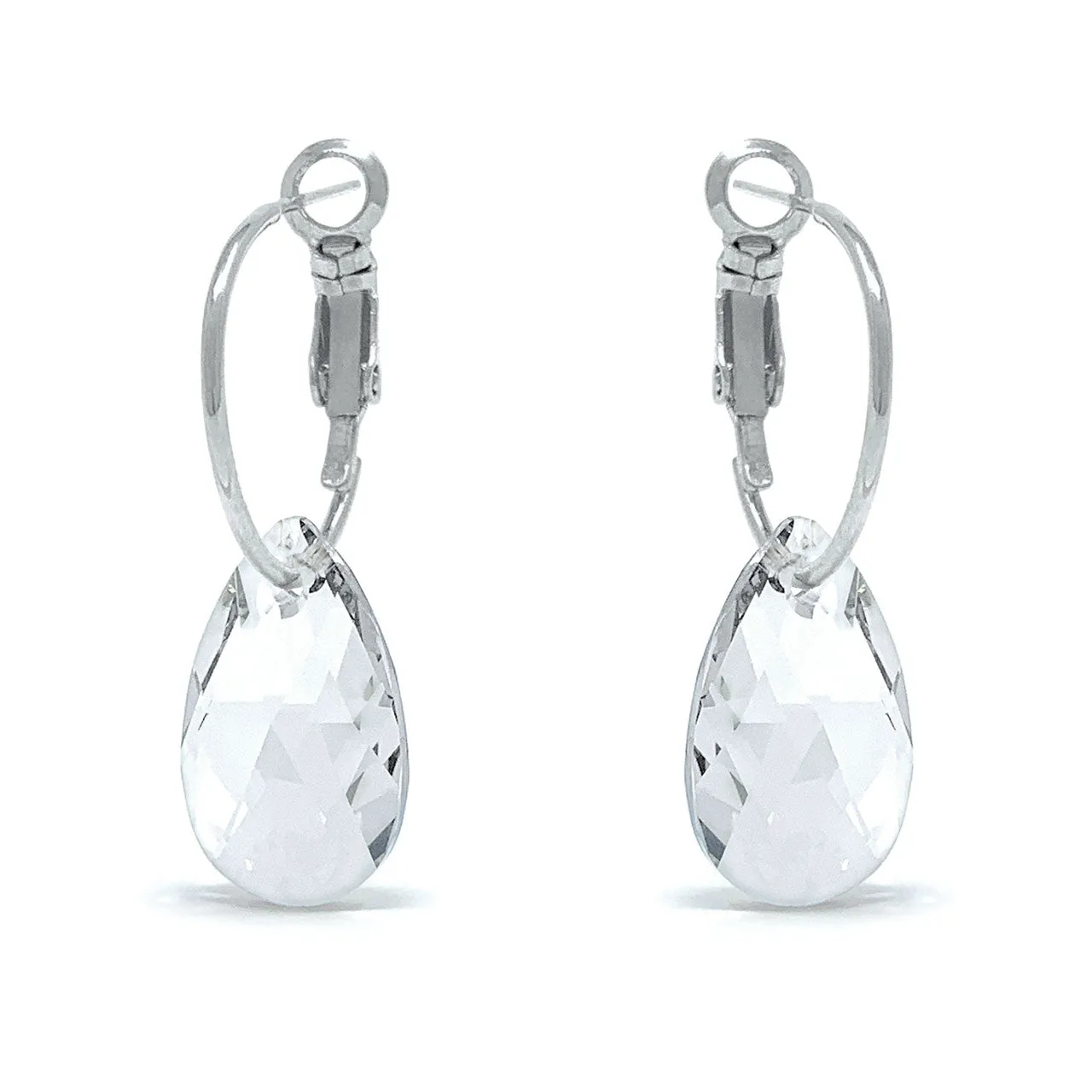 Aurora Small Drop Earrings with White Clear Pear Crystals from Swarovski Silver Toned Rhodium Plated