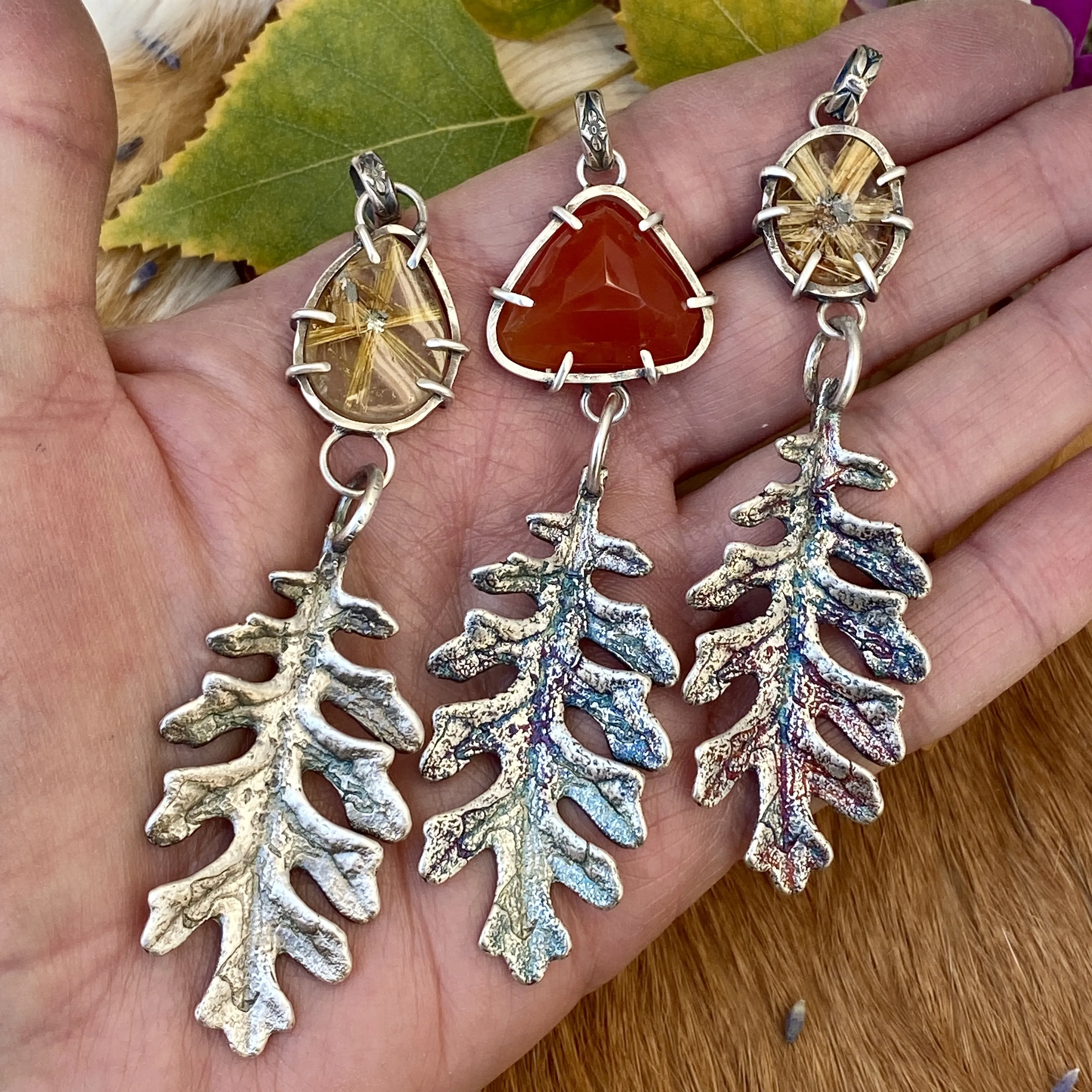 Autumn leave and Carnilian gem sterling silver necklace