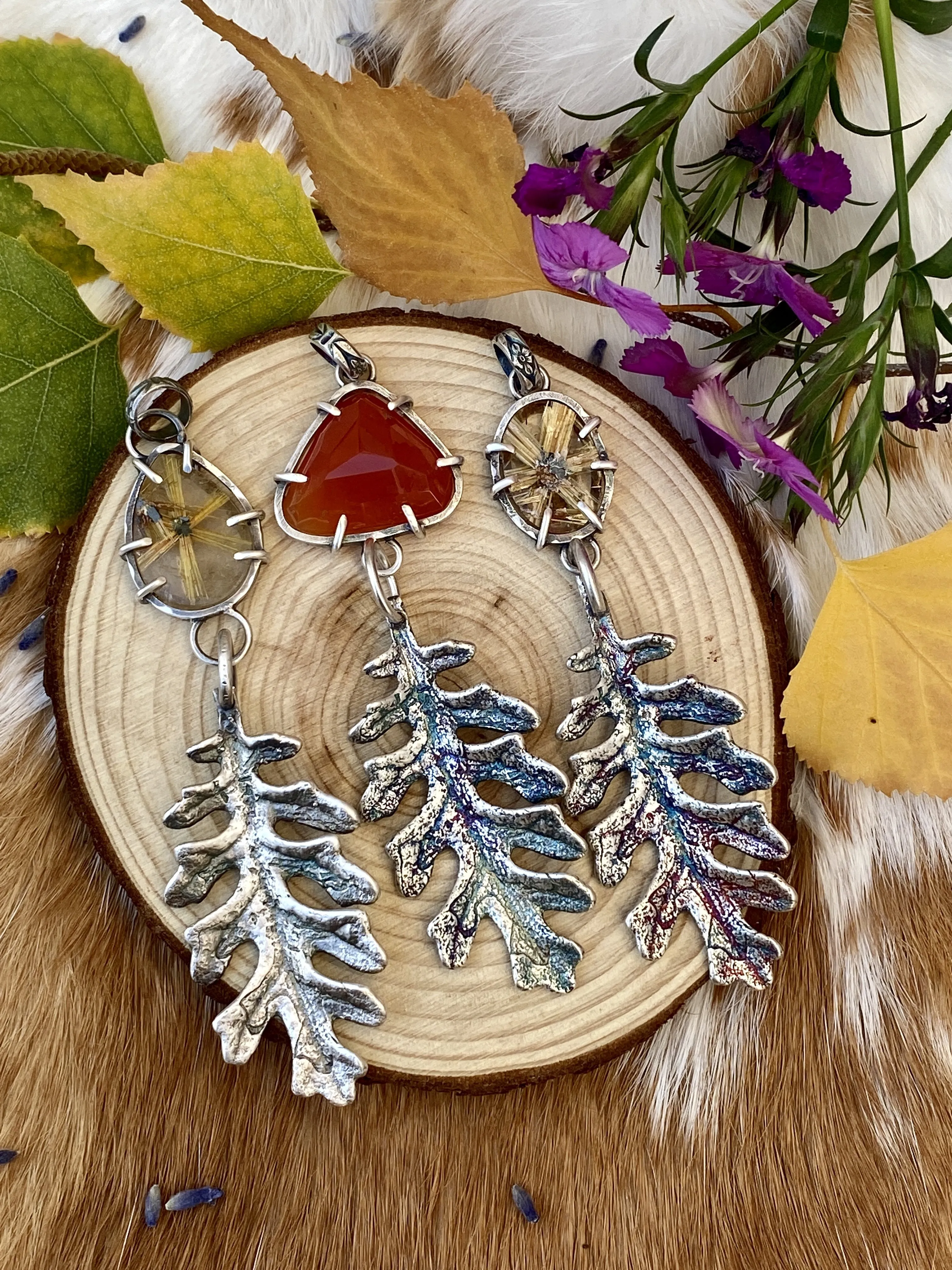 Autumn leave and Carnilian gem sterling silver necklace