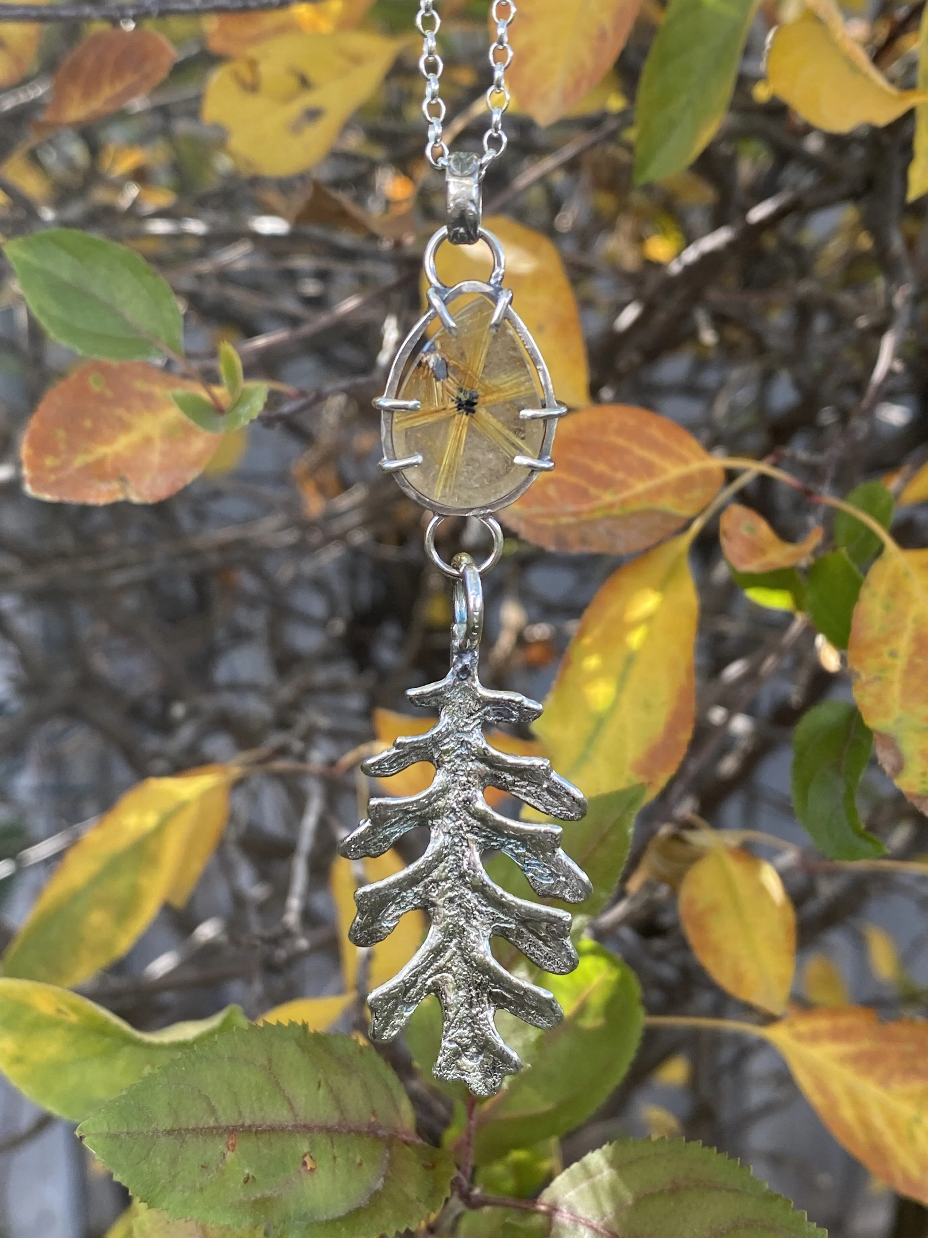 Autumn leave and Carnilian gem sterling silver necklace