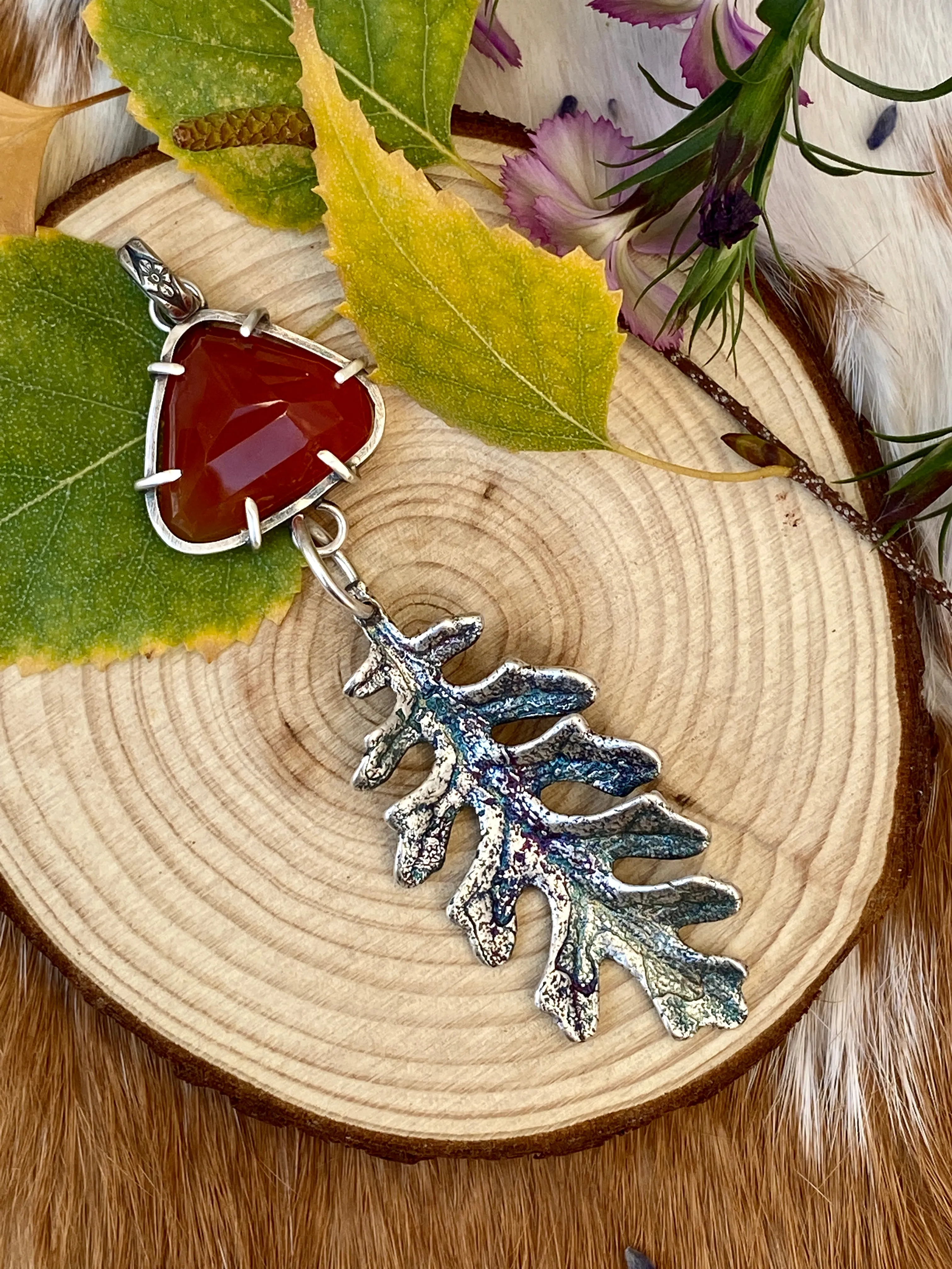 Autumn leave and Carnilian gem sterling silver necklace