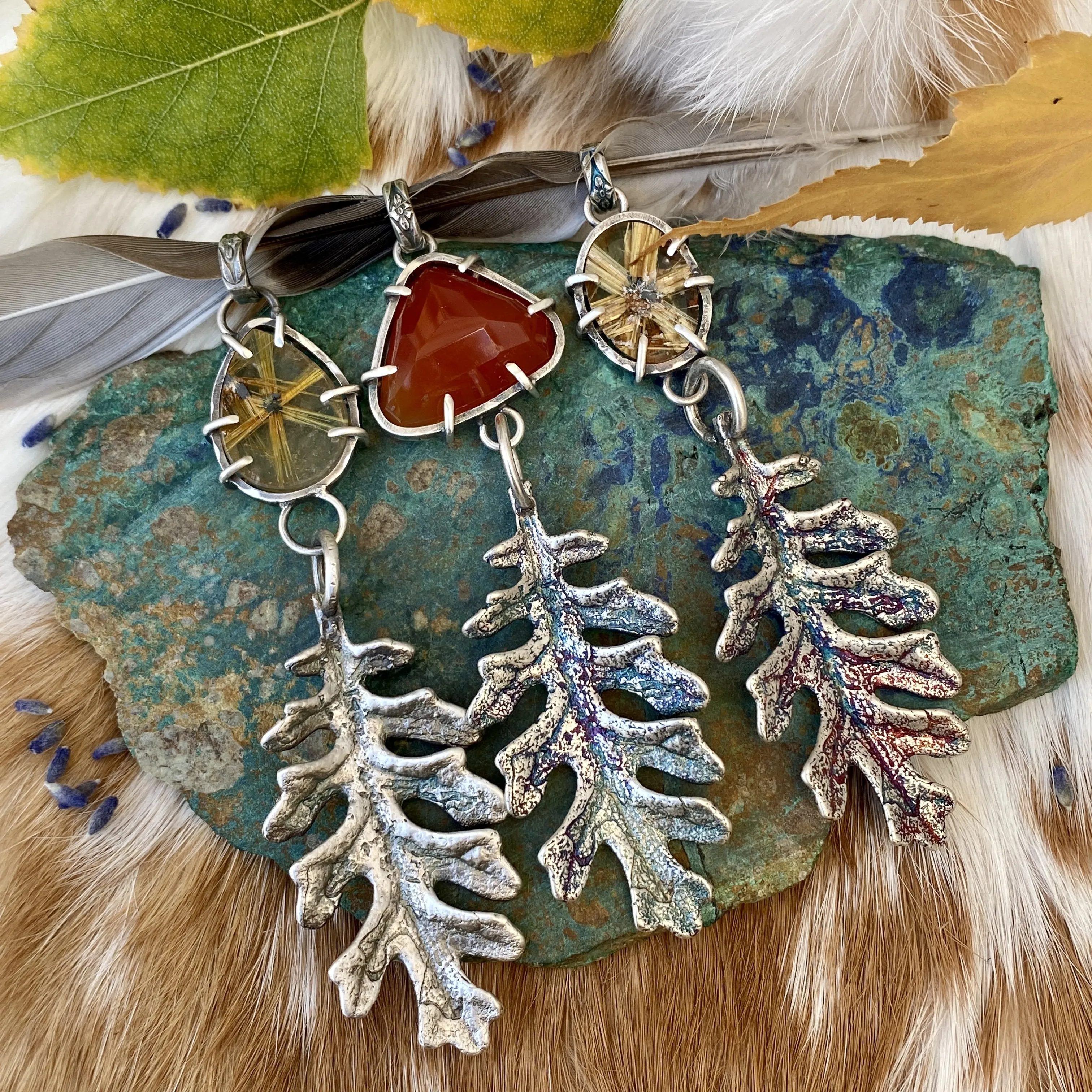 Autumn leave and Carnilian gem sterling silver necklace