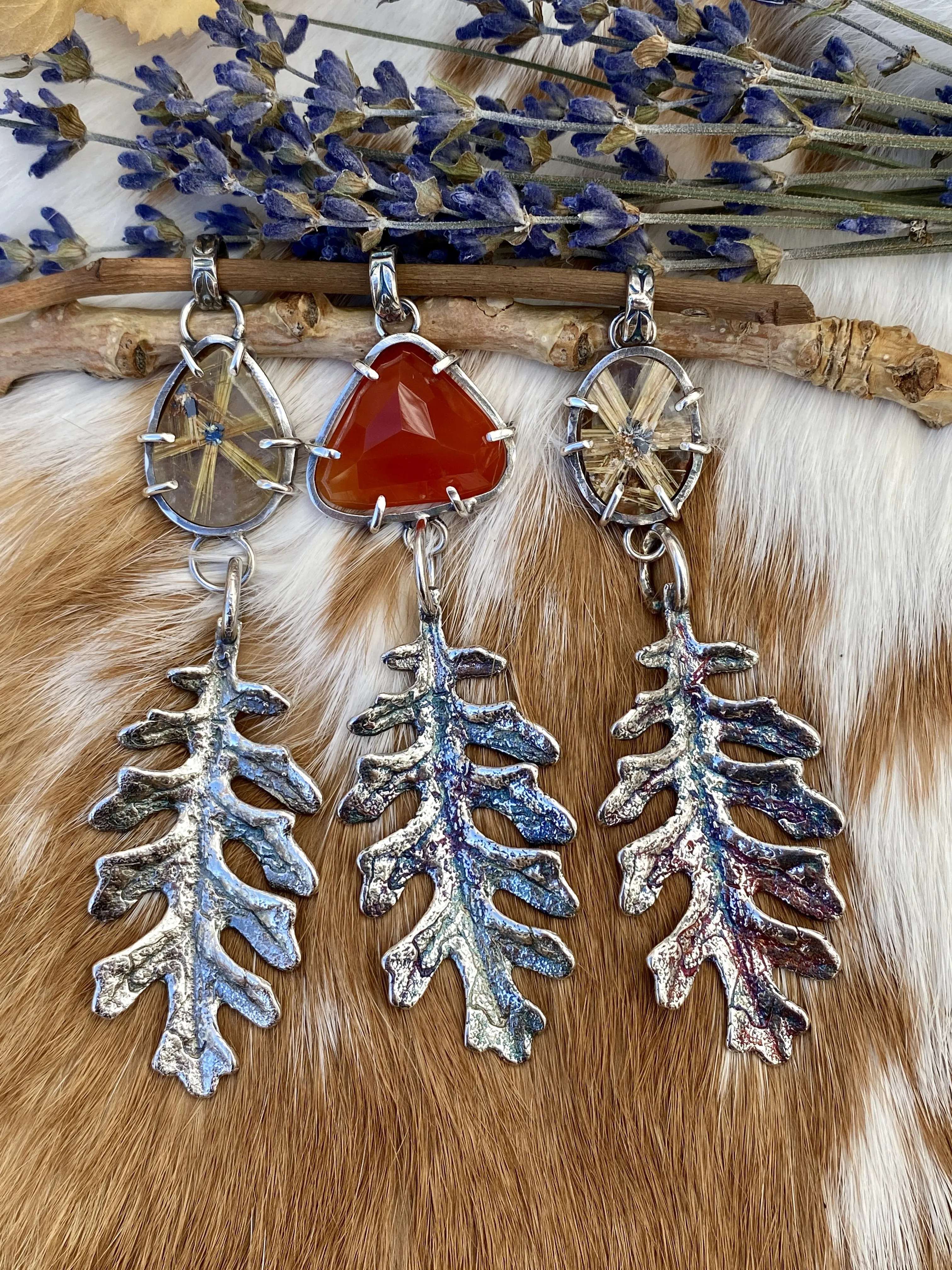 Autumn leave and Carnilian gem sterling silver necklace