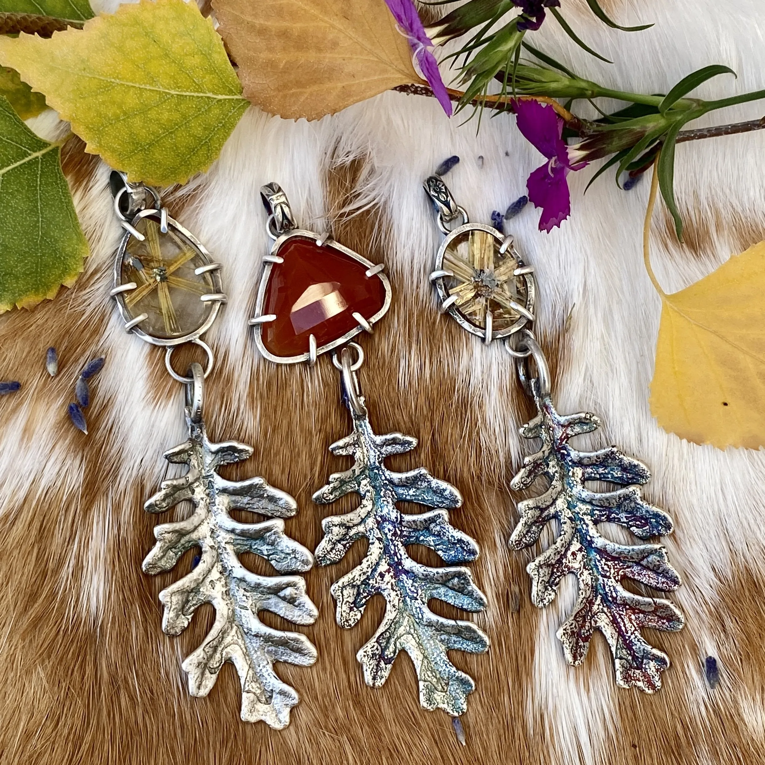 Autumn leave and Carnilian gem sterling silver necklace