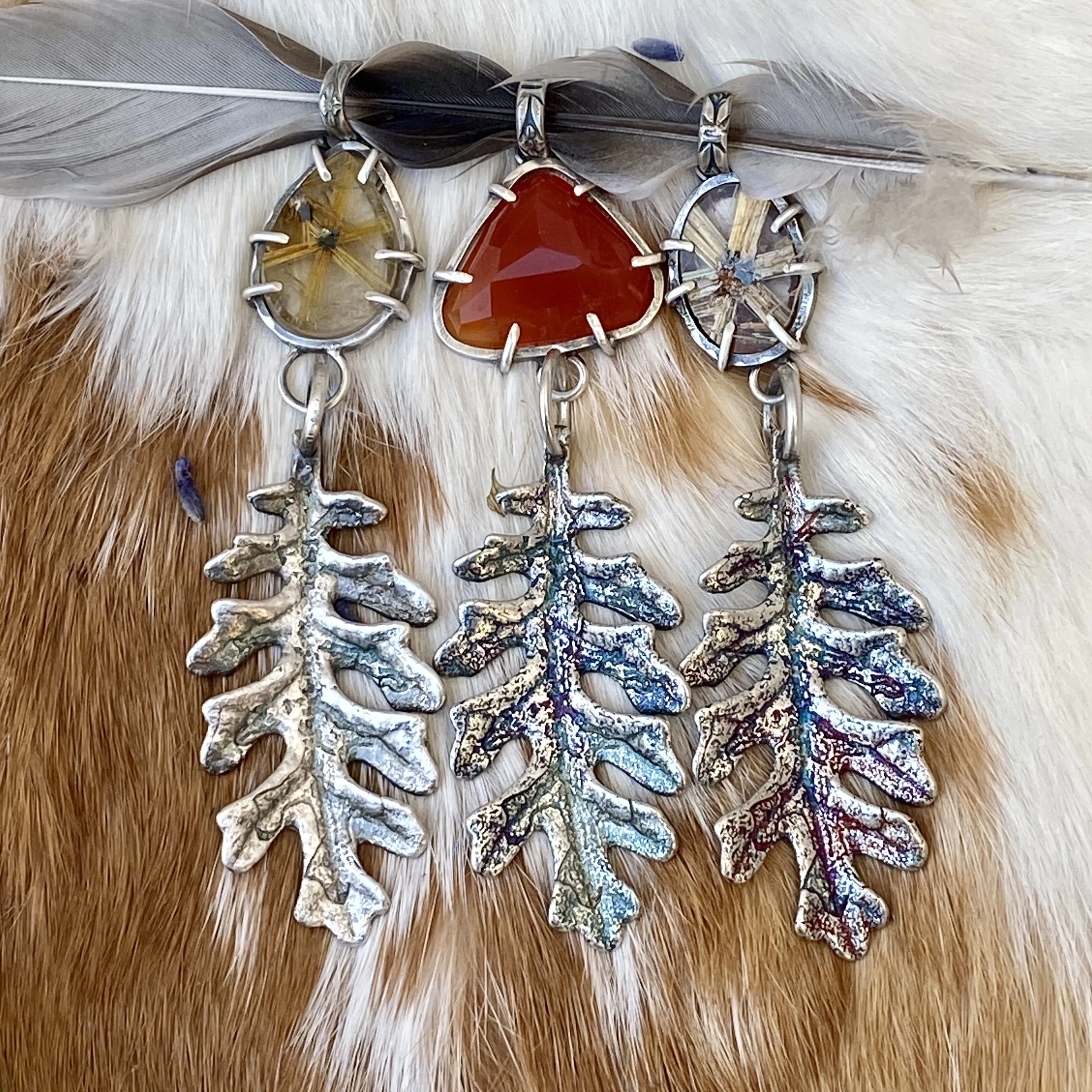Autumn leave and Carnilian gem sterling silver necklace