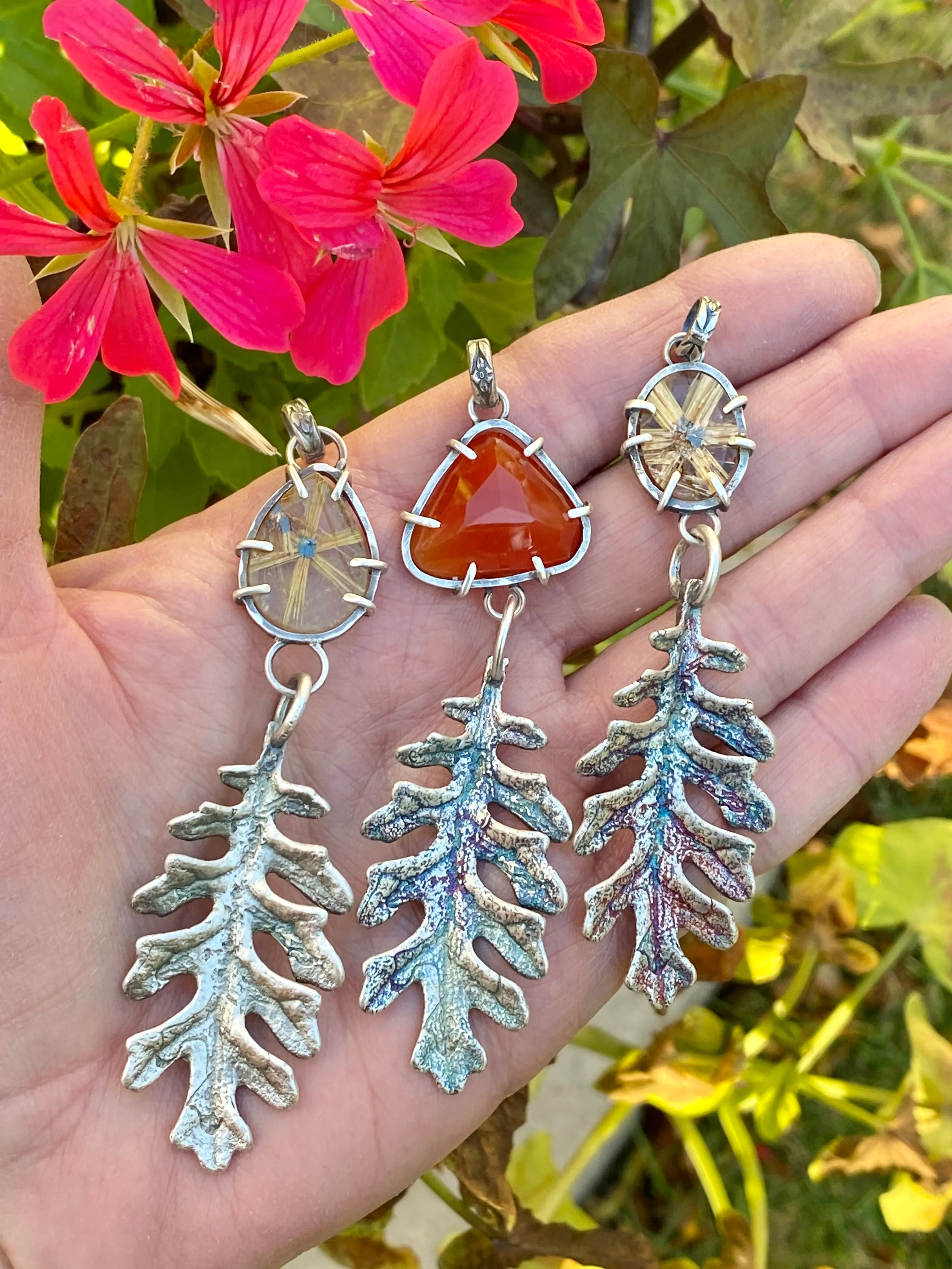 Autumn leave and Carnilian gem sterling silver necklace