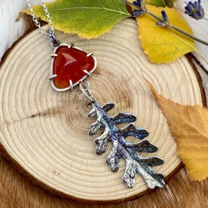 Autumn leave and Carnilian gem sterling silver necklace