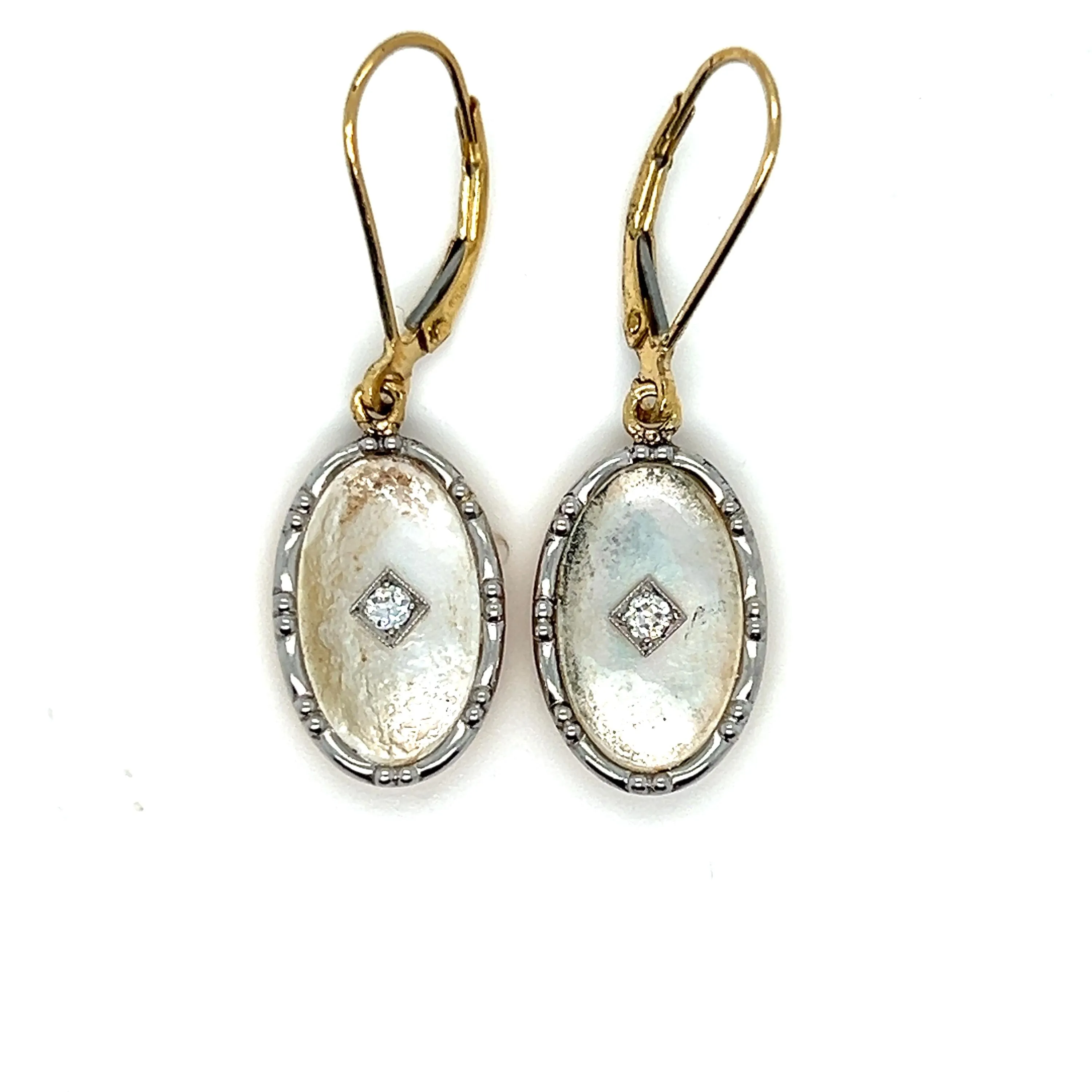 Awesome Vintage 18K Yellow Gold Mother of Pearl and Diamond Dangle Earrings.