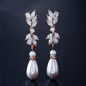 Baroque Pearl Crystal Earrings, Bridal Pearl Drop Ear Studs, Diamond Gem Dangle Wedding Pearl Earrings, Bridesmaid CZ Tassel Copper Earrings