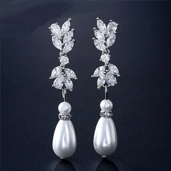 Baroque Pearl Crystal Earrings, Bridal Pearl Drop Ear Studs, Diamond Gem Dangle Wedding Pearl Earrings, Bridesmaid CZ Tassel Copper Earrings