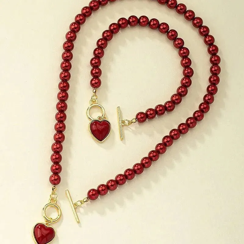 Beaded Heart Pendant Bracelet and Necklace Set