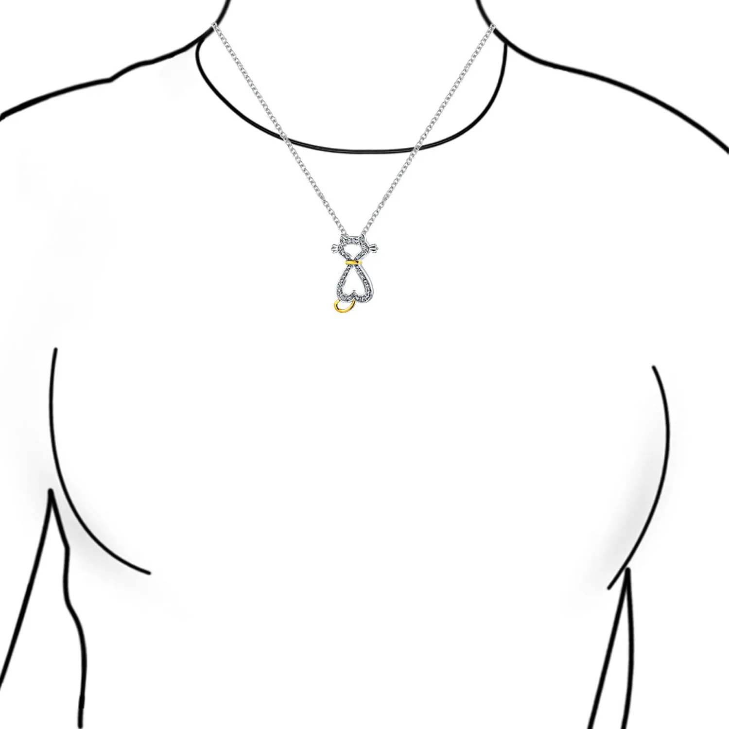 BFF Kitty Cat Pendant Necklace CZ Two-Tone 14K Gold Silver for Cat Lovers Teens