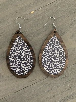 Black and White Paw Print Cork and Wood Teardrop Earrings