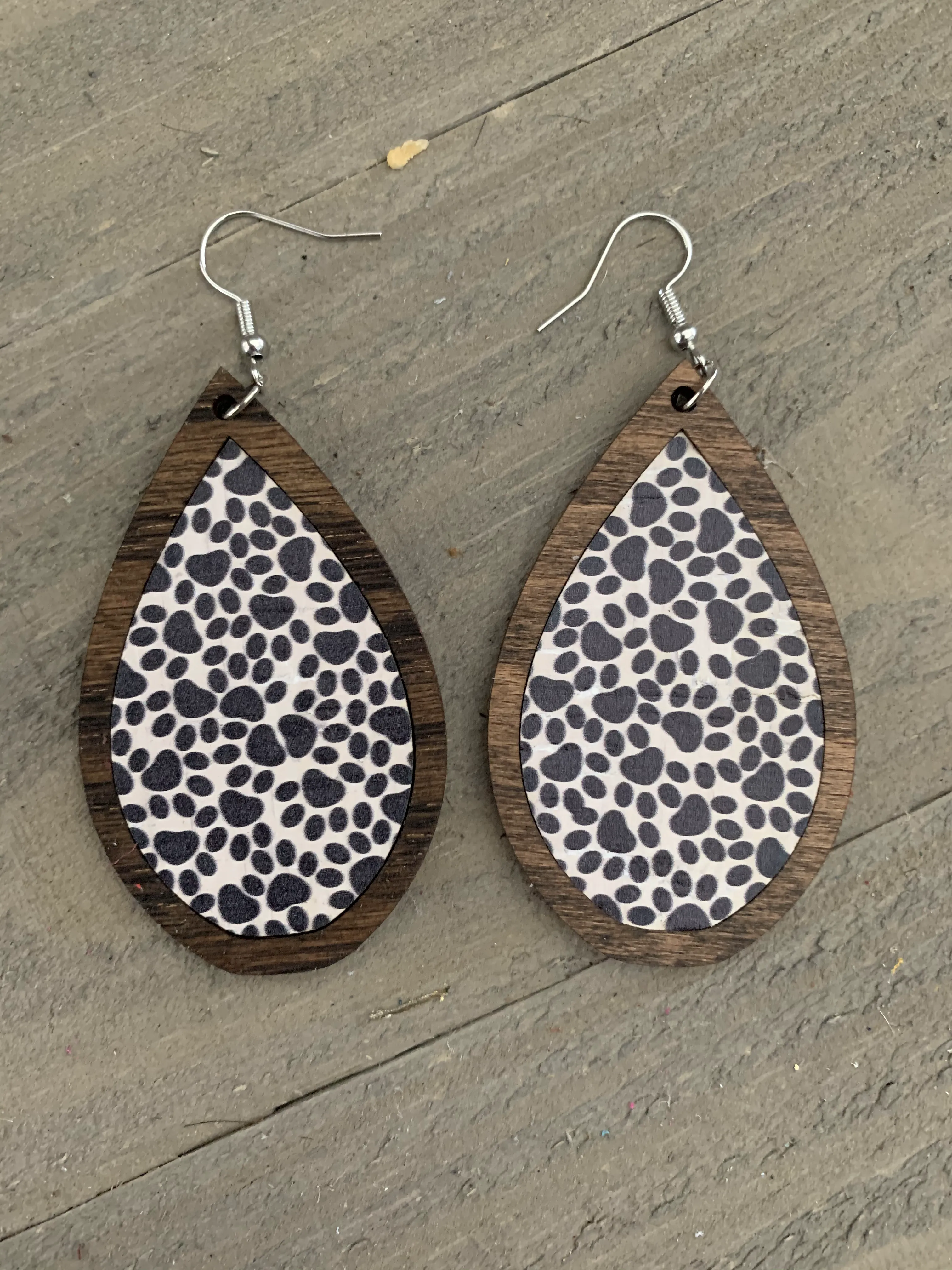Black and White Paw Print Cork and Wood Teardrop Earrings