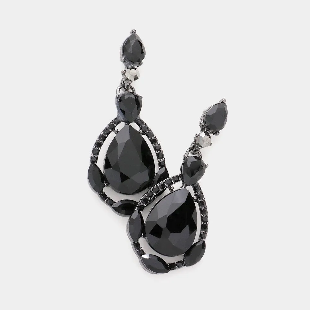 Black Crystal and Rhinestone Teardrop Pageant Earrings | Prom Earrings | 590454