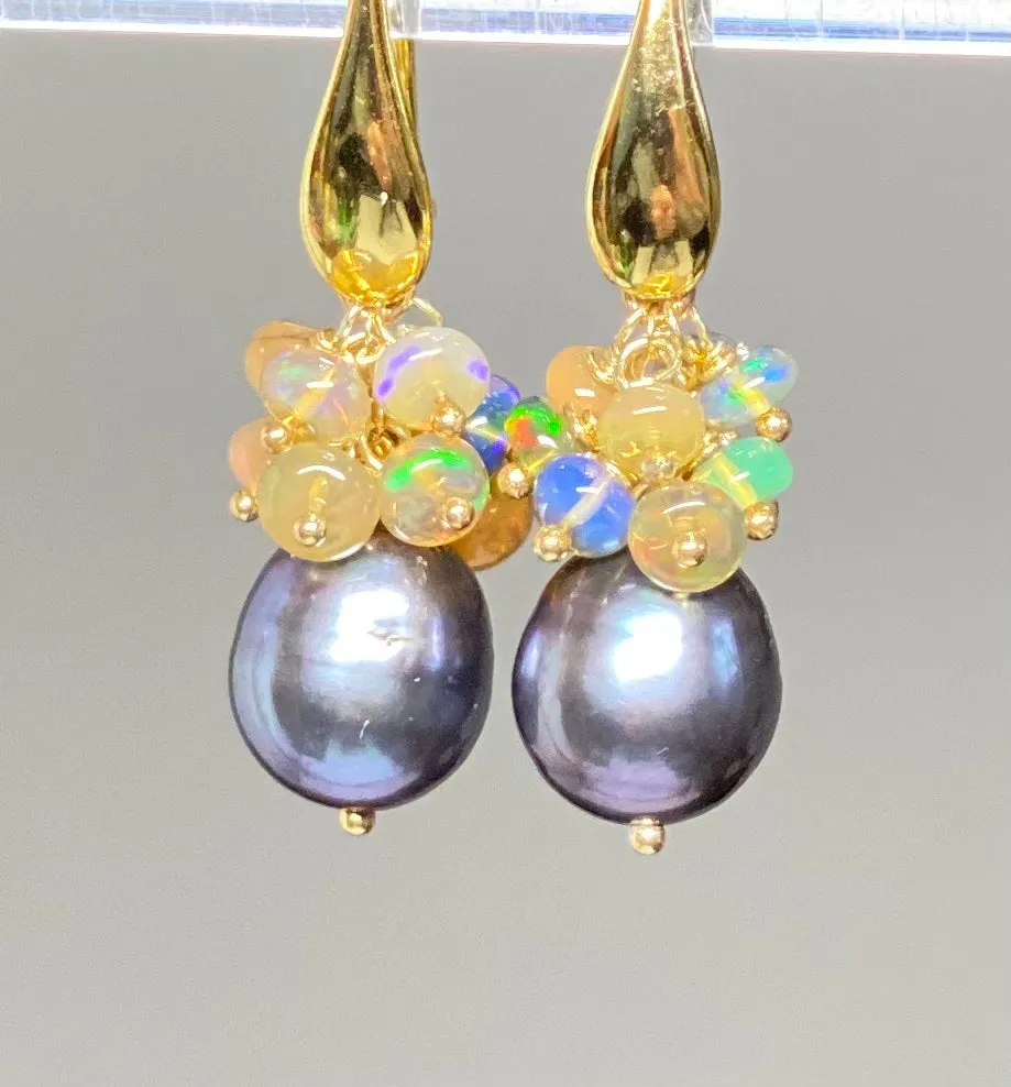 Black Grey Baroque Pearl Opal Cluster Gold Earrings
