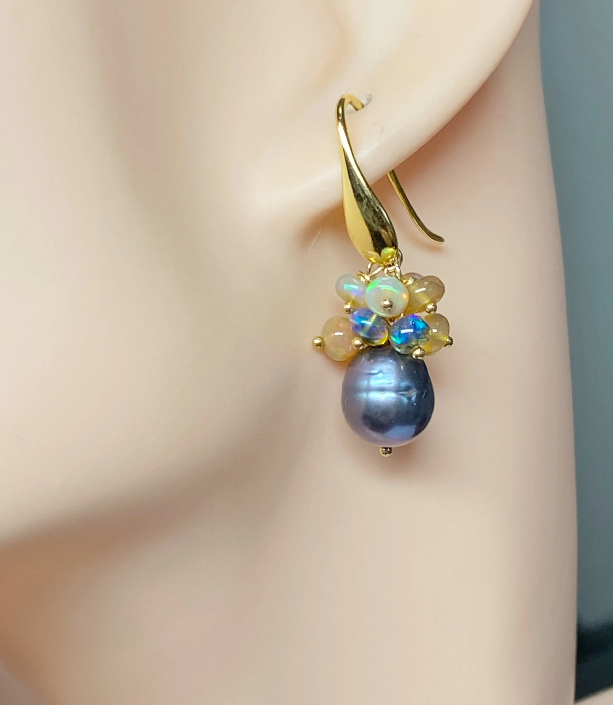Black Grey Baroque Pearl Opal Cluster Gold Earrings