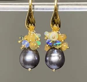 Black Grey Baroque Pearl Opal Cluster Gold Earrings