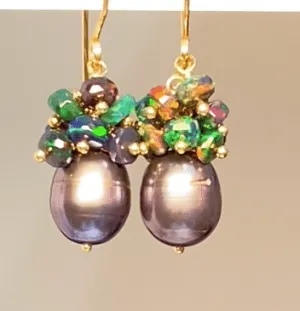 Black Grey Peacock Pearl Black Opal Cluster Earrings Gold Fill