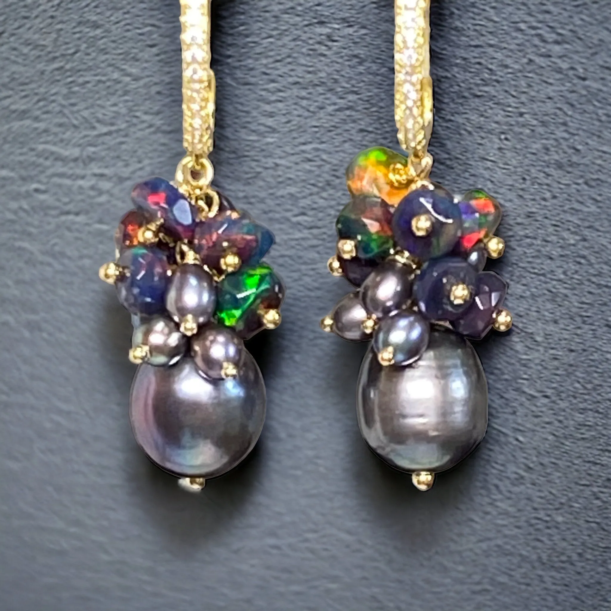 Black Grey Pearl Black Opal Cluster Earrings Gold