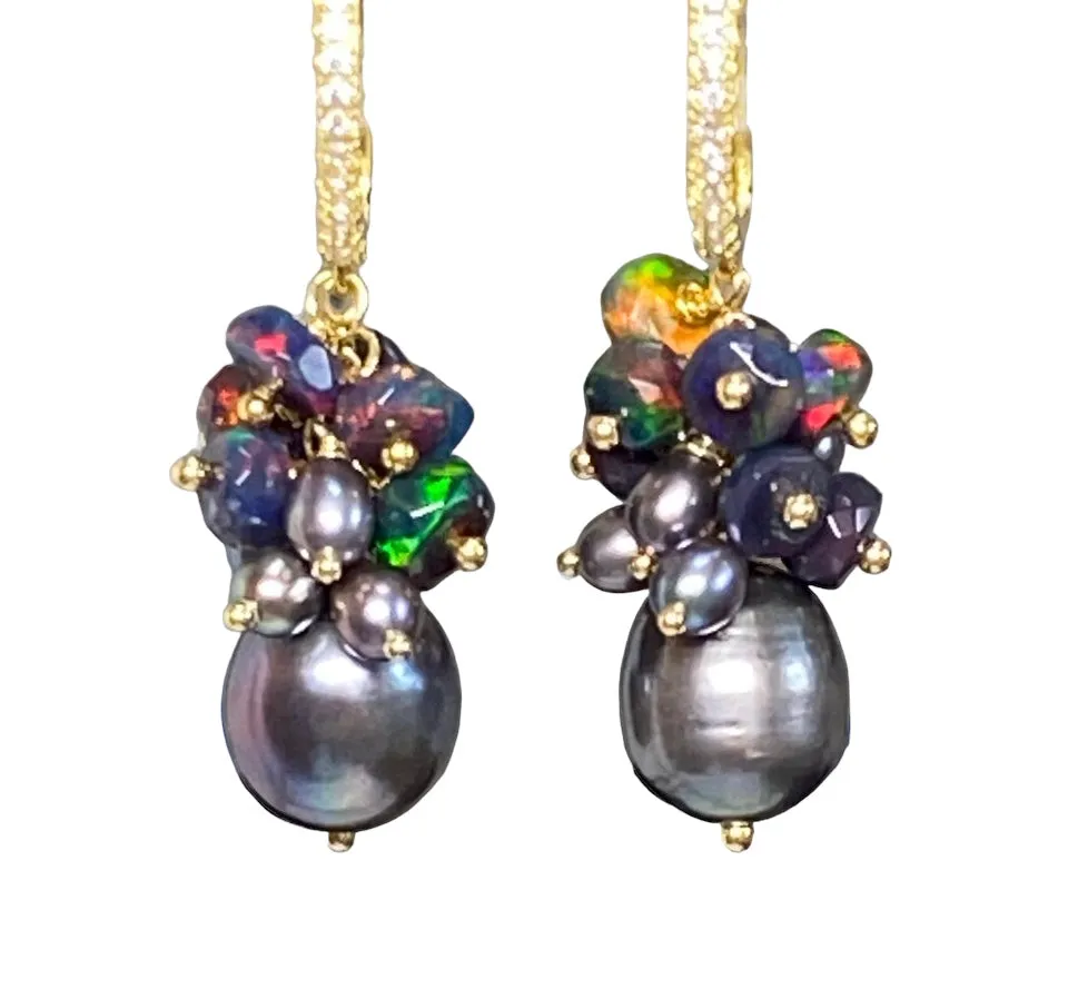Black Grey Pearl Black Opal Cluster Earrings Gold