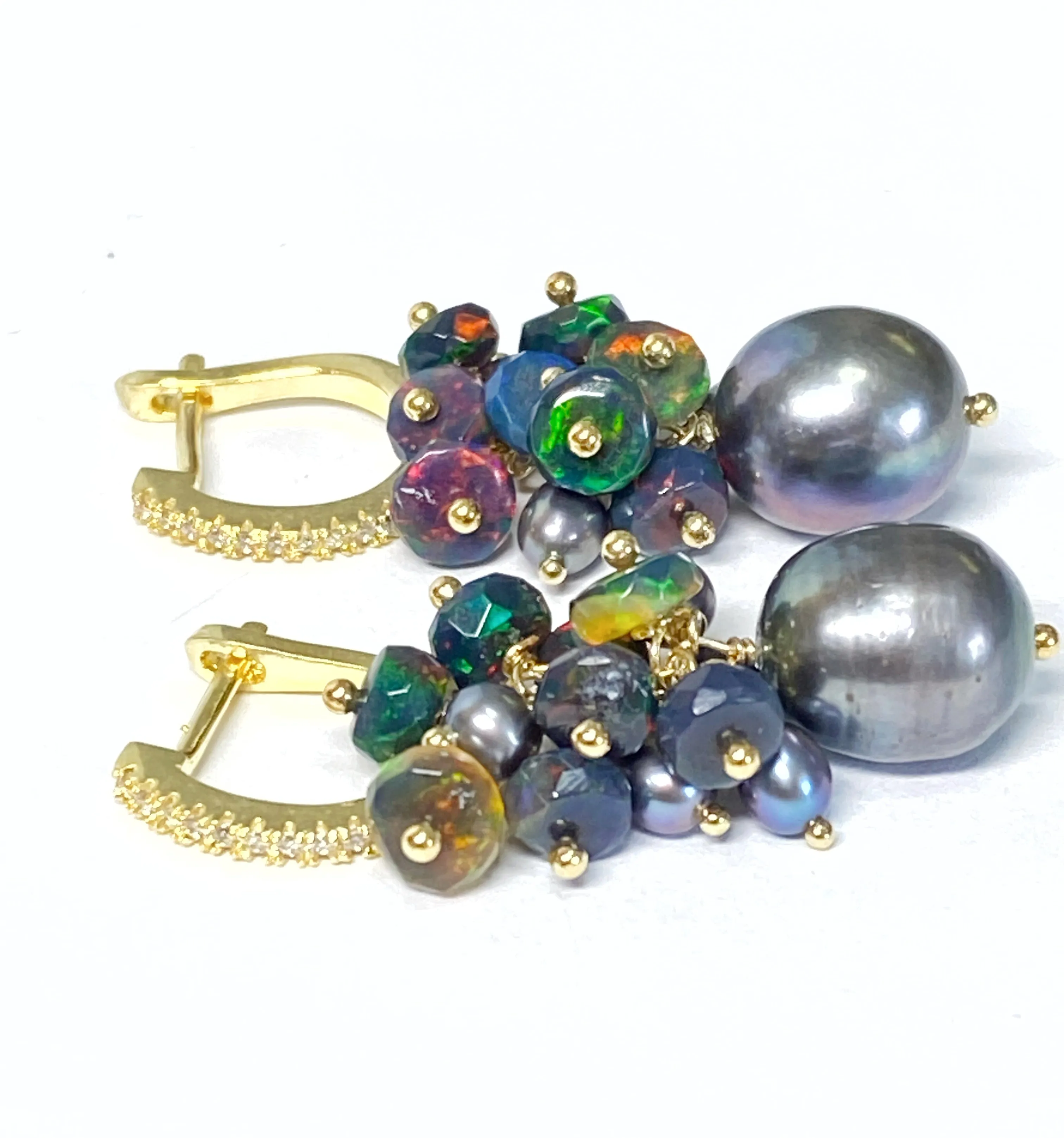 Black Grey Pearl Black Opal Cluster Earrings Gold