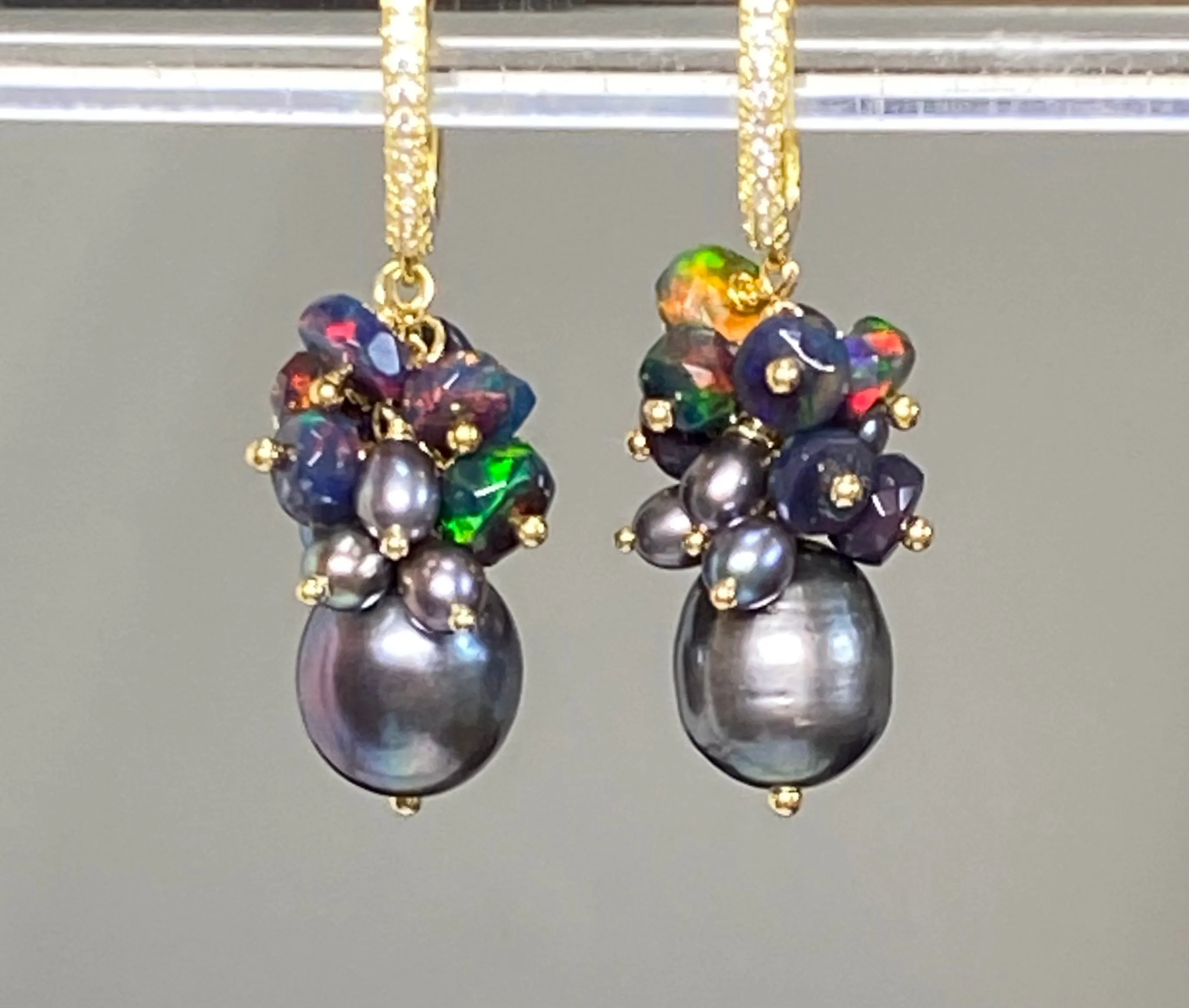 Black Grey Pearl Black Opal Cluster Earrings Gold