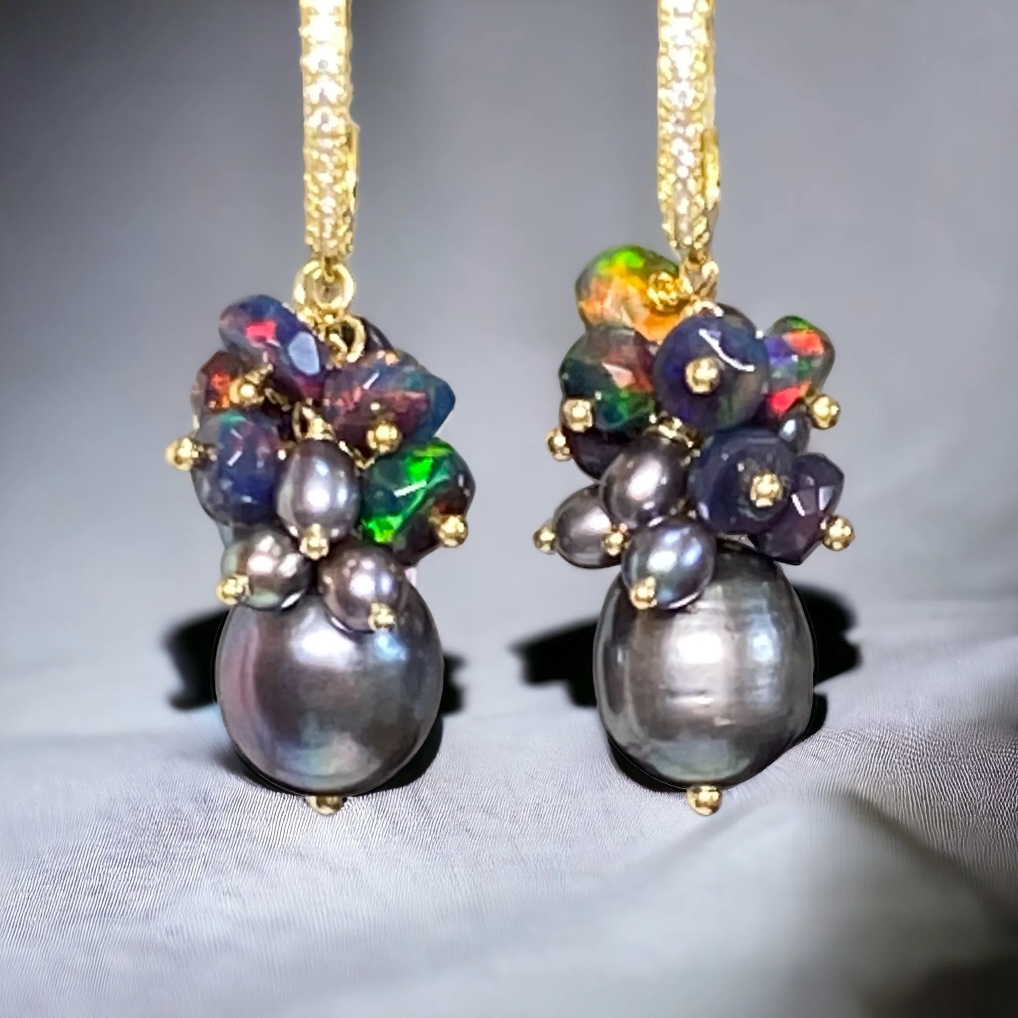 Black Grey Pearl Black Opal Cluster Earrings Gold