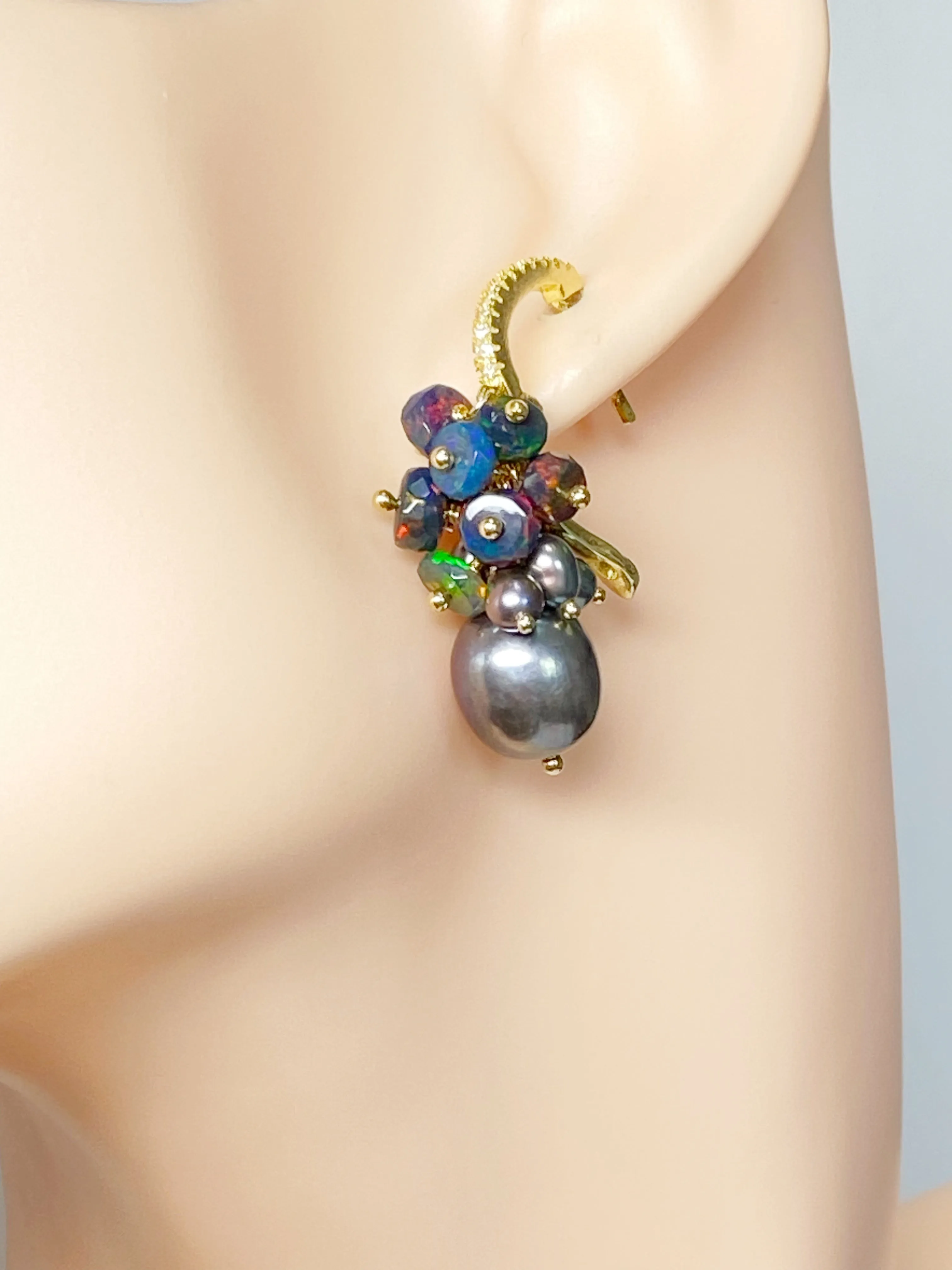 Black Grey Pearl Black Opal Cluster Earrings Gold
