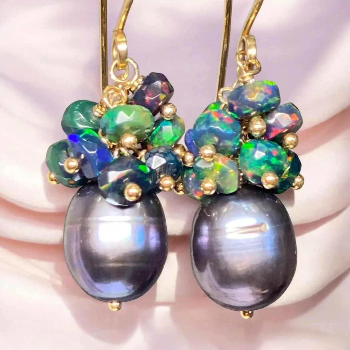 Black Grey Pearl Black Opal Cluster Earrings Gold