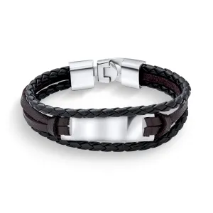 Black Rope Cord Brown Leather ID Stacking Bracelet Silver Tone Stainless Steel