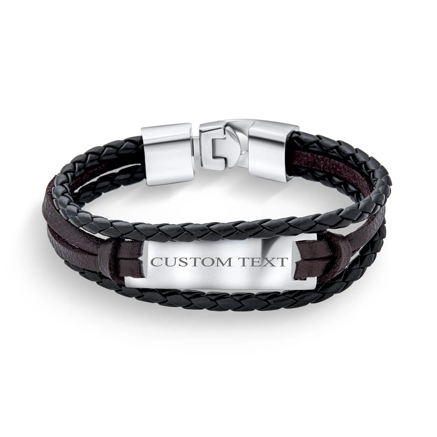 Black Rope Cord Brown Leather ID Stacking Bracelet Silver Tone Stainless Steel
