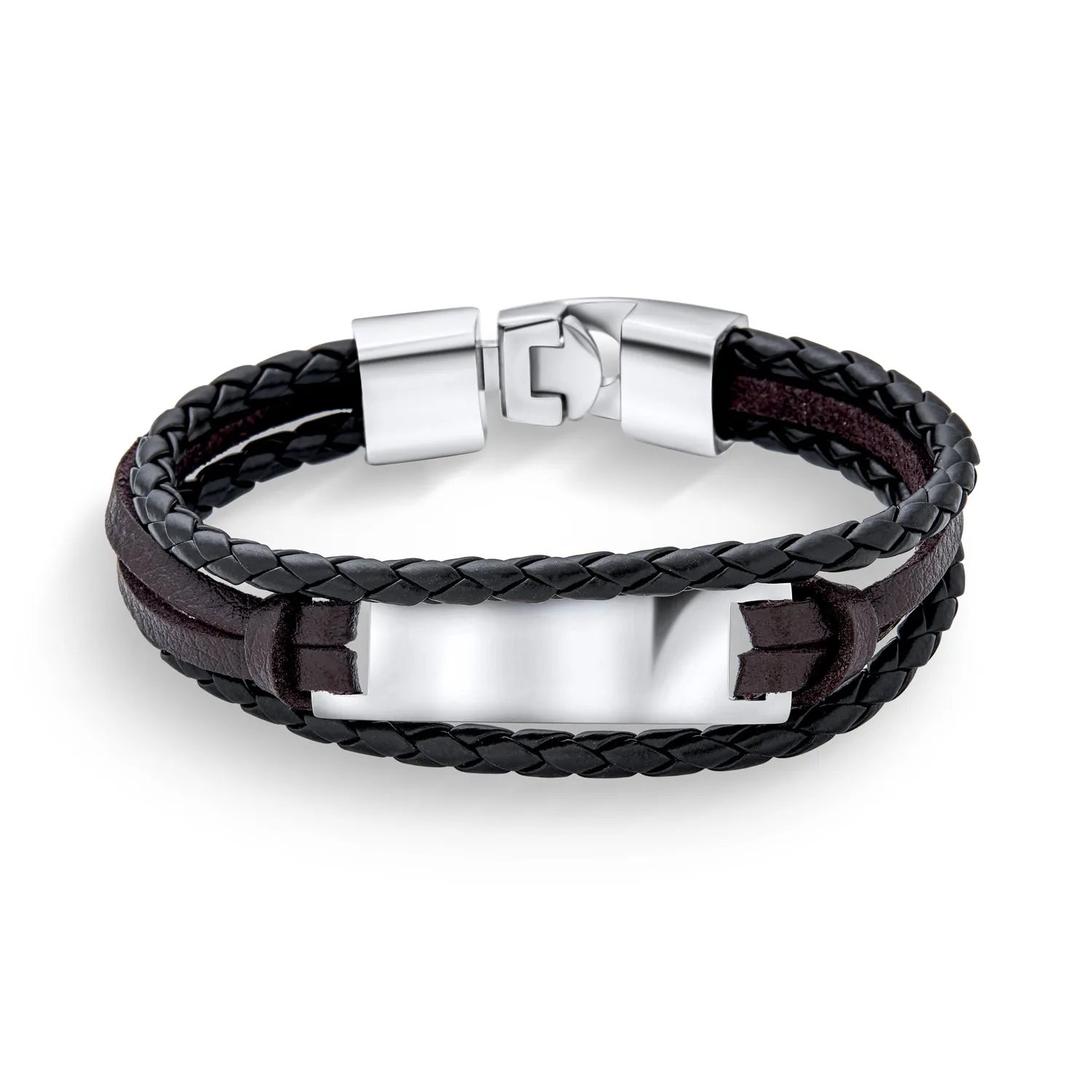 Black Rope Cord Brown Leather ID Stacking Bracelet Silver Tone Stainless Steel