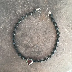 Black Skull & Crystal with Hematite gemstone heart Necklace
