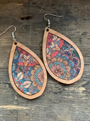 Blue and Coral Cork Stripe Wood Teardrop Earrings