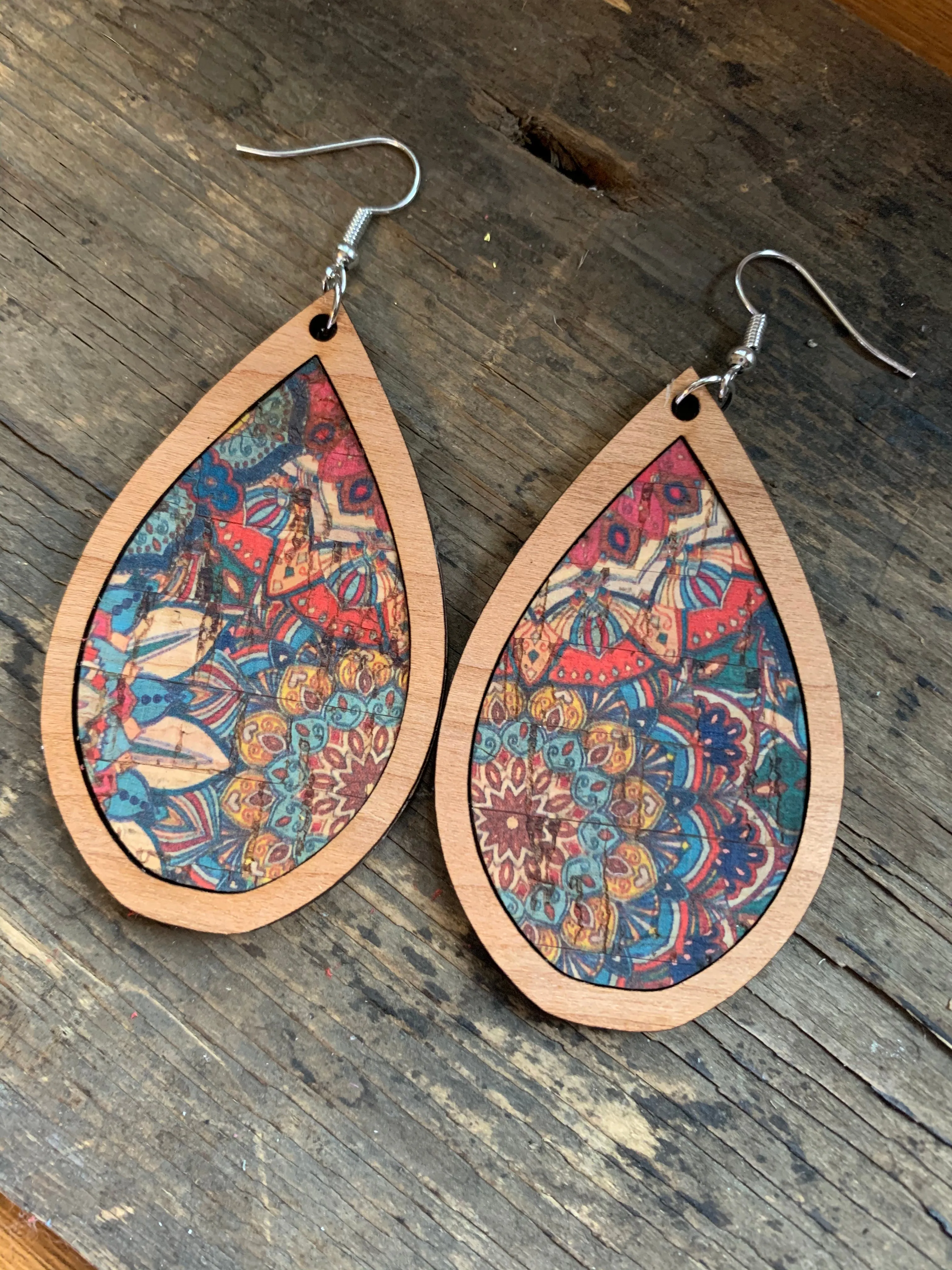 Blue and Coral Cork Stripe Wood Teardrop Earrings