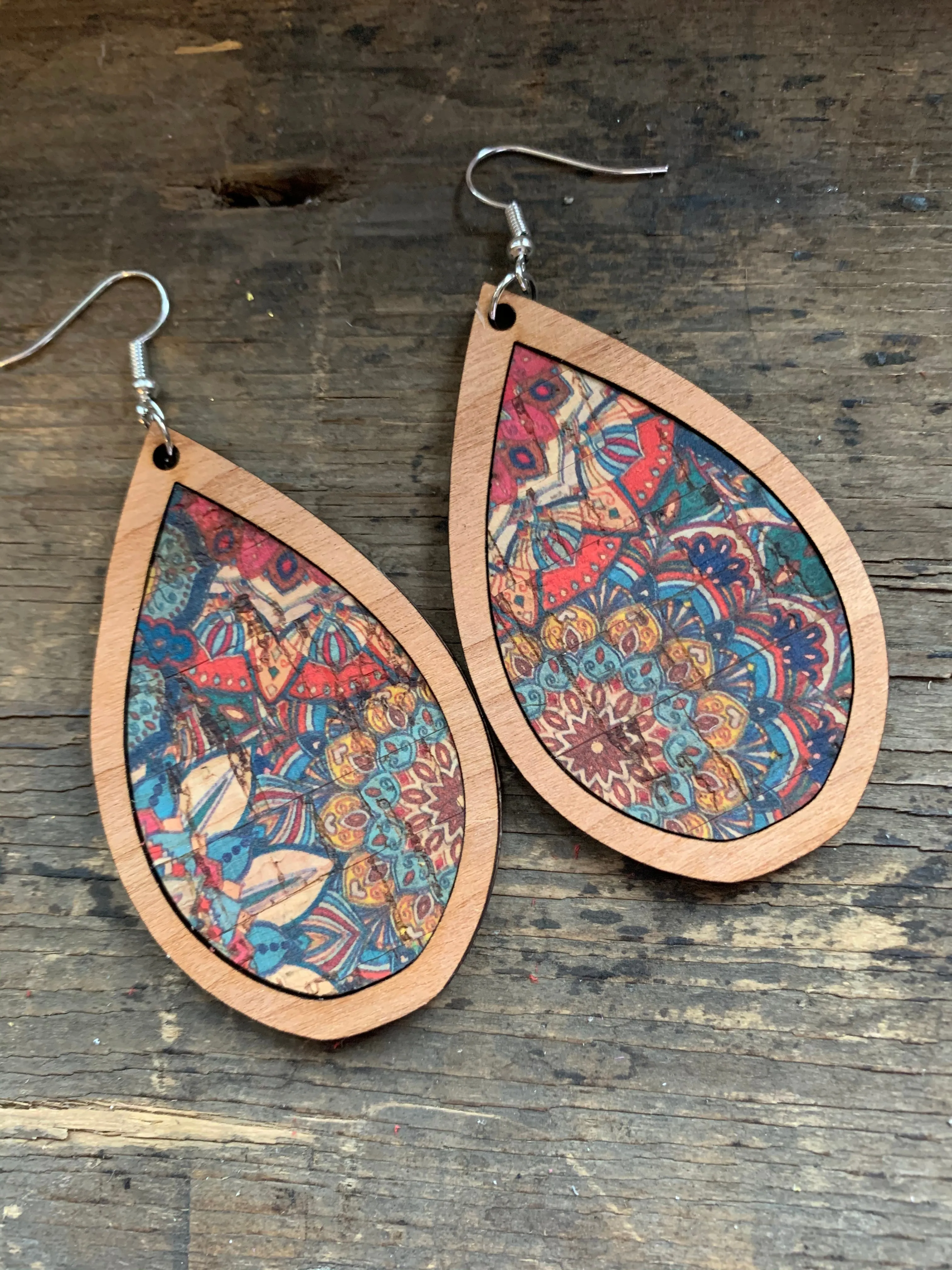 Blue and Coral Cork Stripe Wood Teardrop Earrings