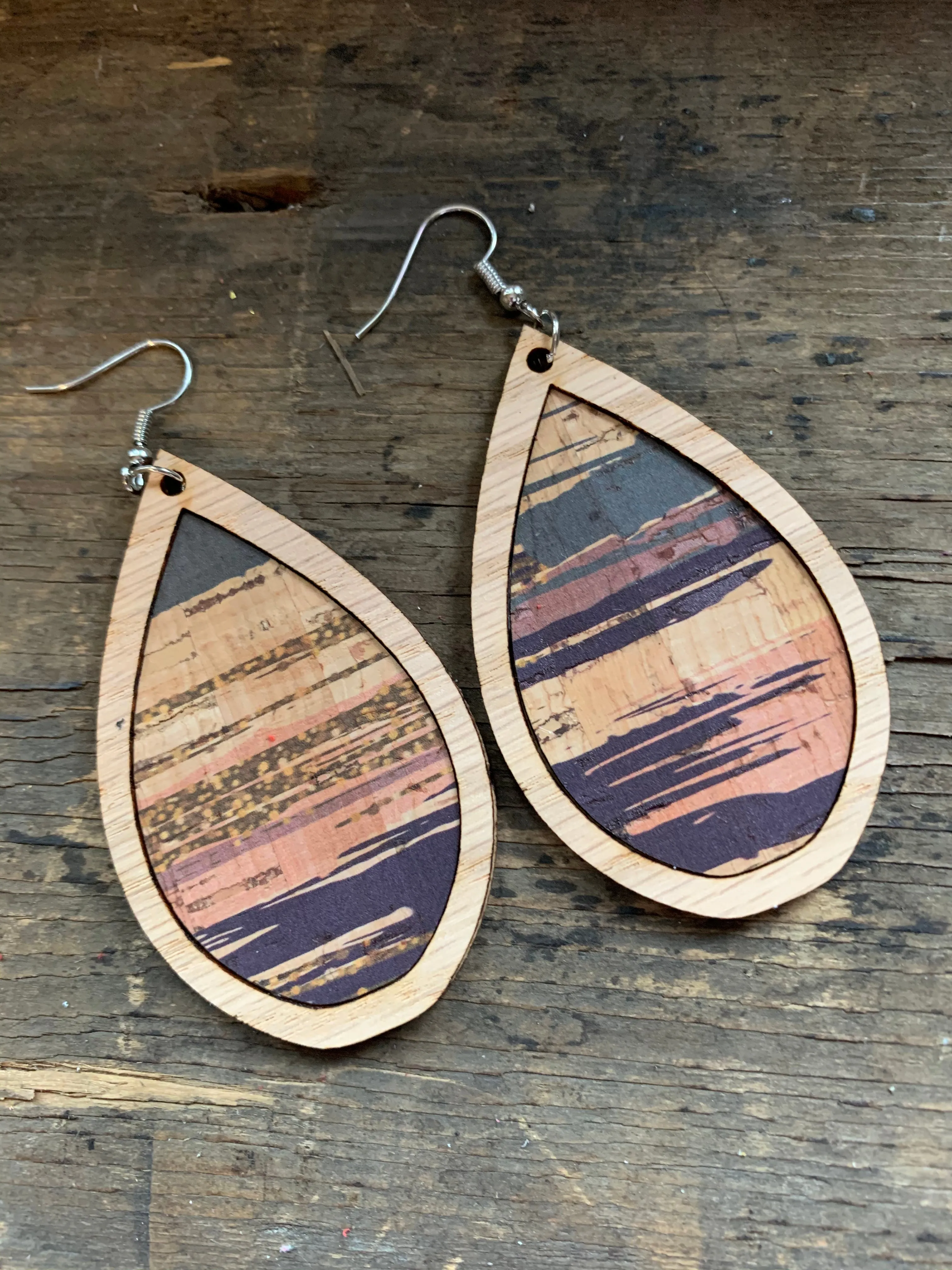 Blue and Pink Brush Stroke Cork Stripe Wood Teardrop Earrings