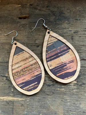 Blue and Pink Brush Stroke Cork Stripe Wood Teardrop Earrings