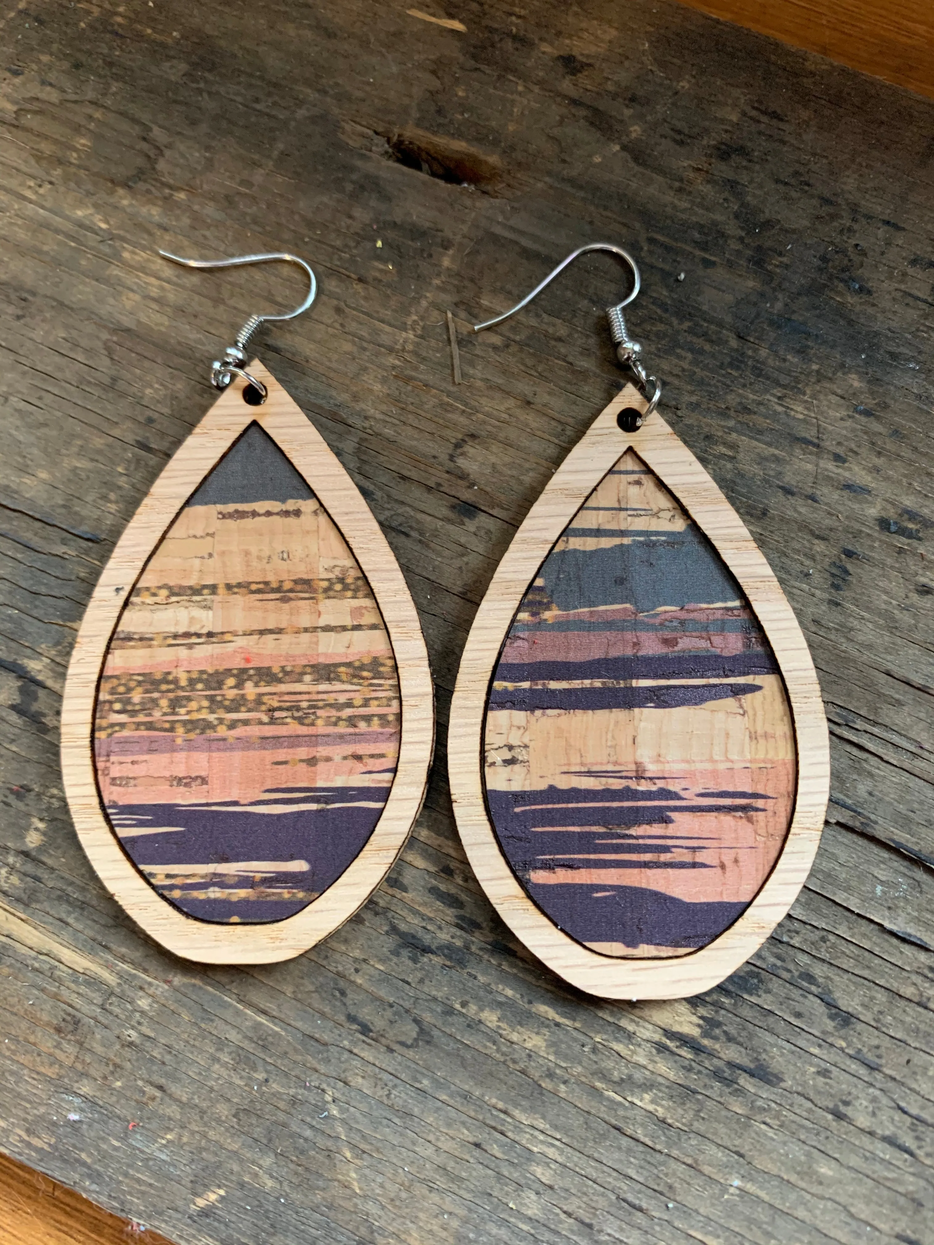 Blue and Pink Brush Stroke Cork Stripe Wood Teardrop Earrings
