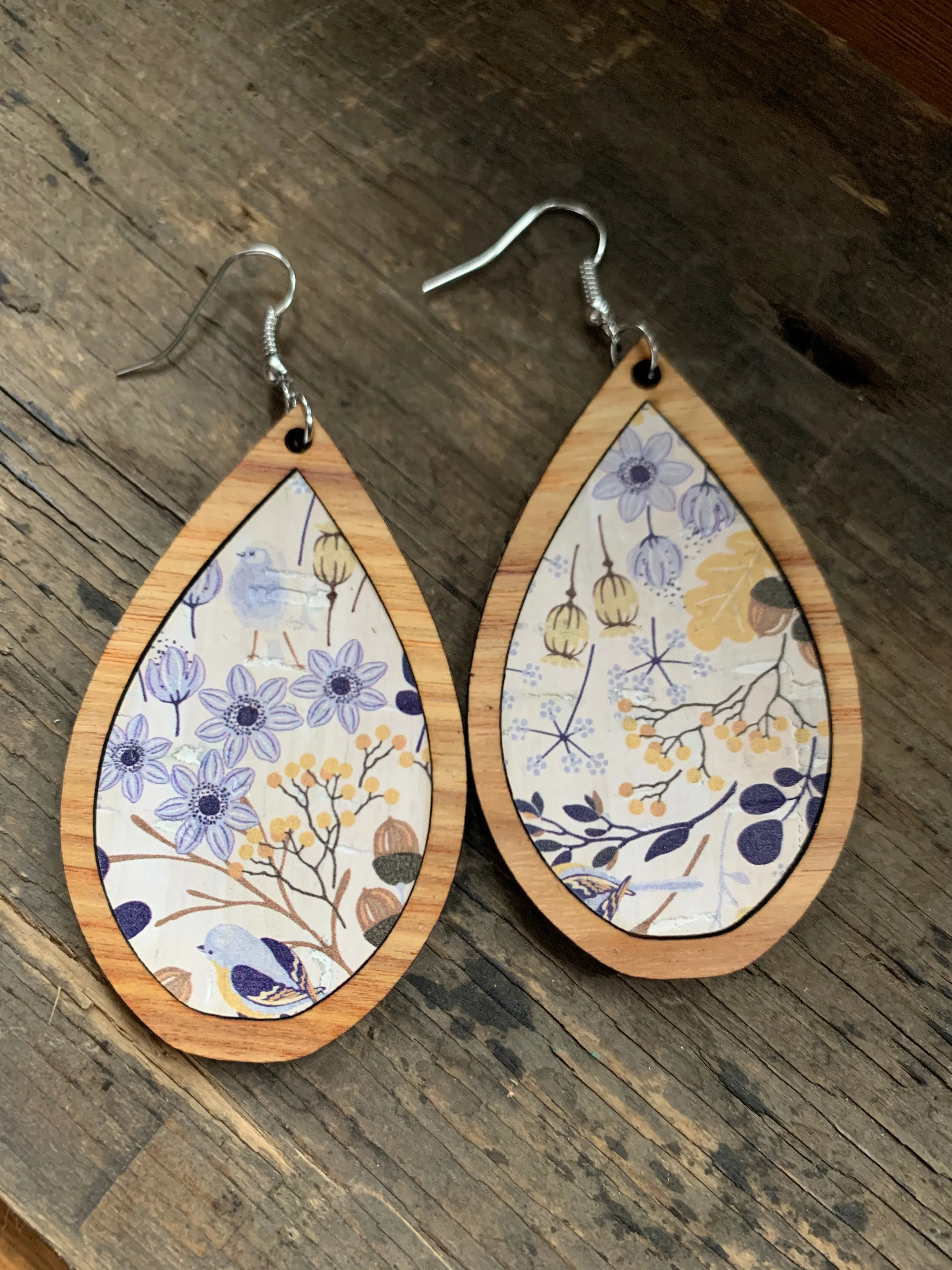 Blue and Yellow Cork Floral Wood Teardrop Earrings