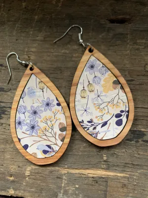 Blue and Yellow Cork Floral Wood Teardrop Earrings