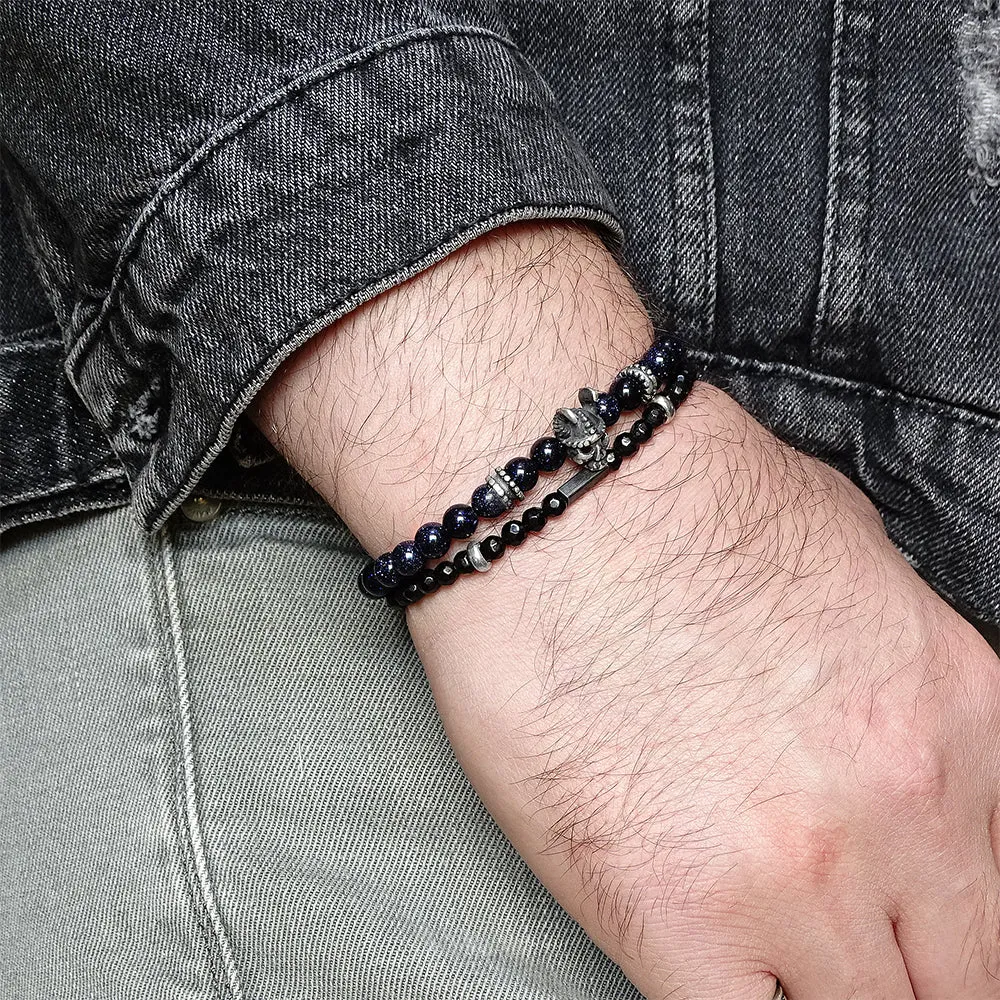 Blue Sandstone with Silver Skull Bracelets Set Gift for Man