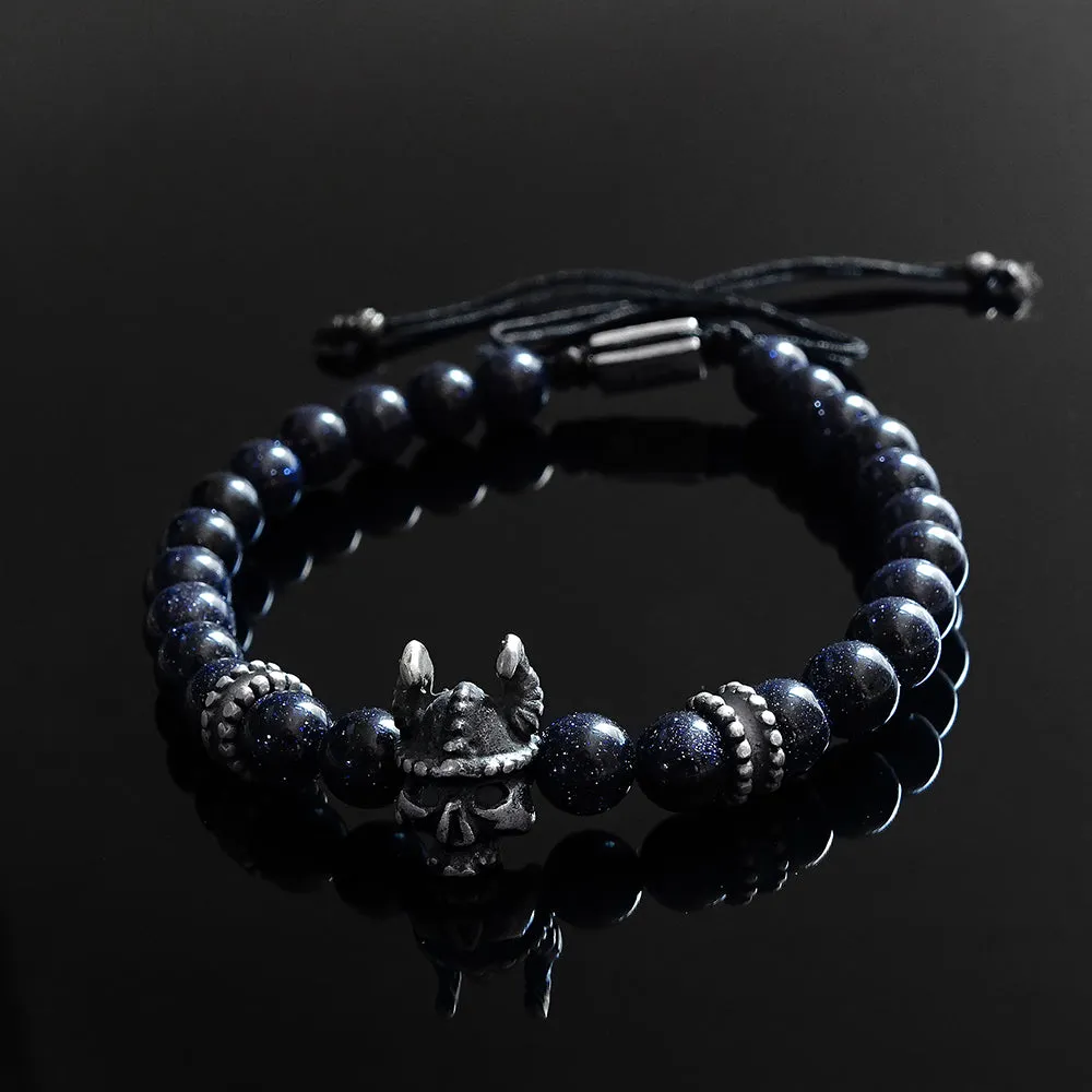 Blue Sandstone with Silver Skull Bracelets Set Gift for Man