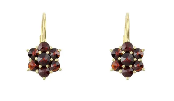 Bohemian Garnet Flowers Victorian Leverback Drop Earrings in 14K Yellow Gold and Sterling Silver Vermeil
