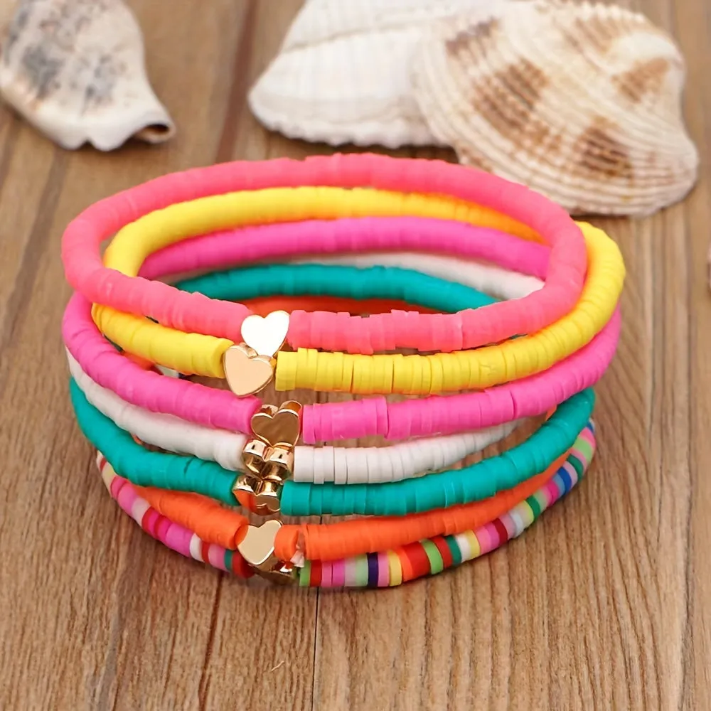 Bohemian Style Soft Pottery Bracelet for Men 6mm Elastic Rope with Heart