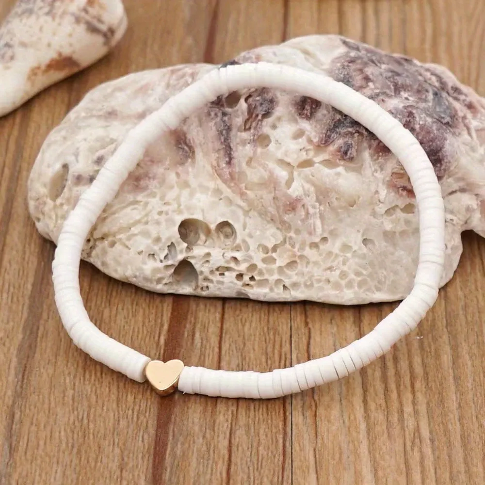 Bohemian Style Soft Pottery Bracelet for Men 6mm Elastic Rope with Heart