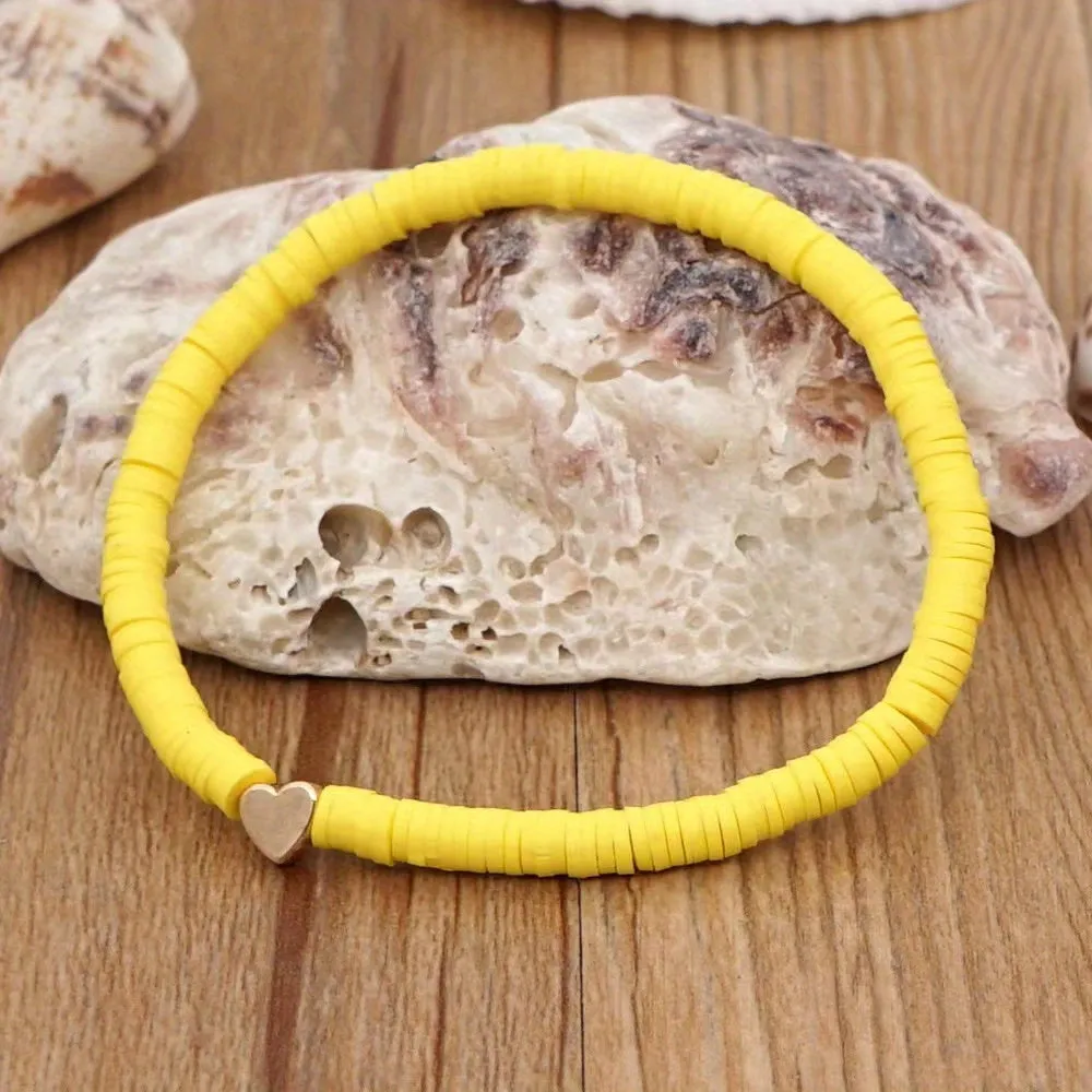 Bohemian Style Soft Pottery Bracelet for Men 6mm Elastic Rope with Heart