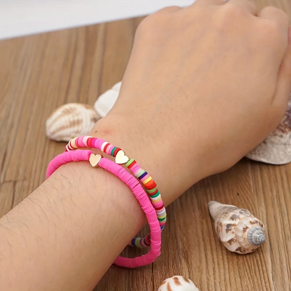 Bohemian Style Soft Pottery Bracelet for Men 6mm Elastic Rope with Heart