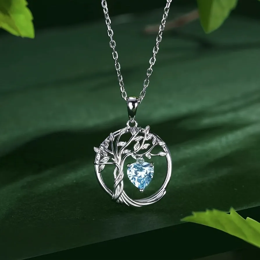 Bohemian Tree of Life Pendant Necklace in 925 Silver with Heart Zirconia